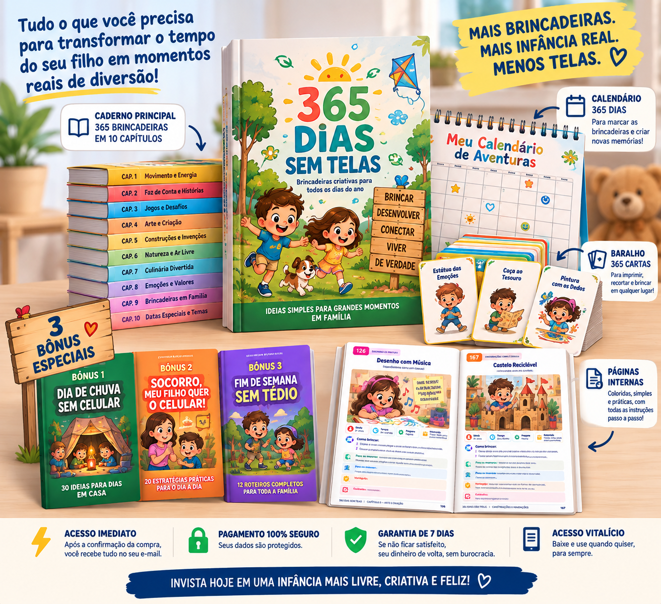 Kit 365 Dias Sem Telas: caderno principal com 365 brincadeiras, calendário, baralho de cartas e os 3 bônus